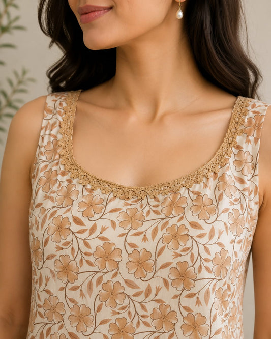 Beige Floral Print Cotton Kurta
