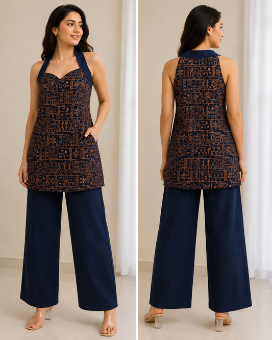 Navy Gamthi Print Cotton Kurta