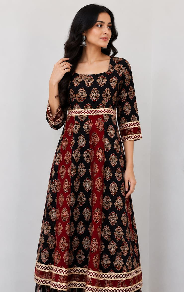 Black & Maroon Gamthi Ajrakh Anarkali