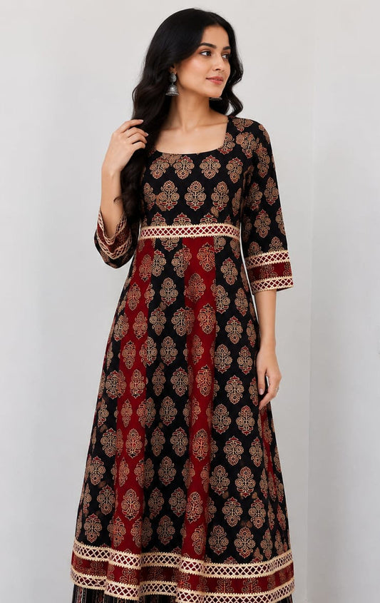 Black & Maroon Gamthi Ajrakh Anarkali