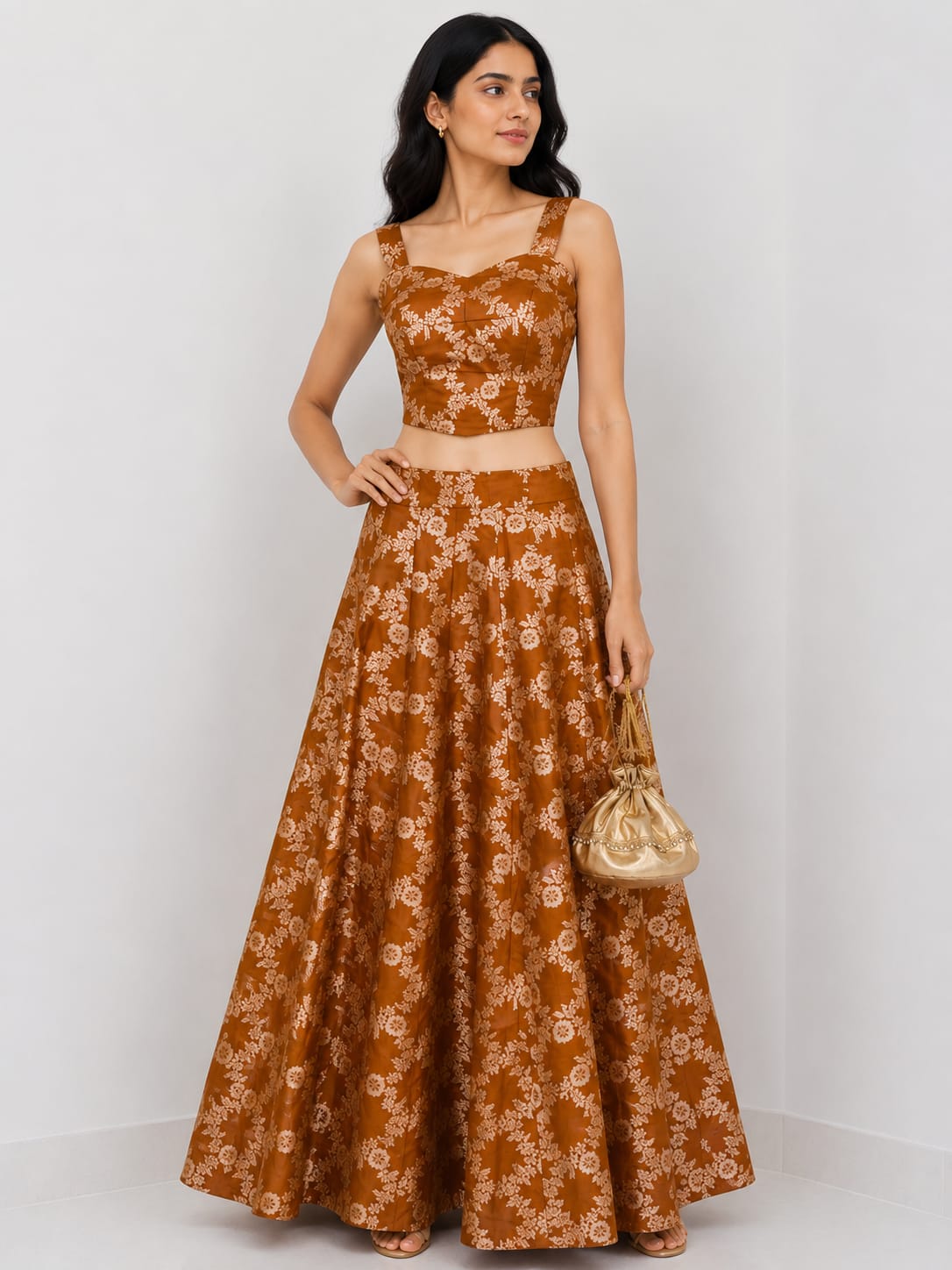 Rust Orange Banarasi Silk Lehenga Set
