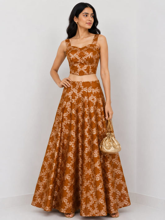 Rust Orange Banarasi Silk Lehenga Set