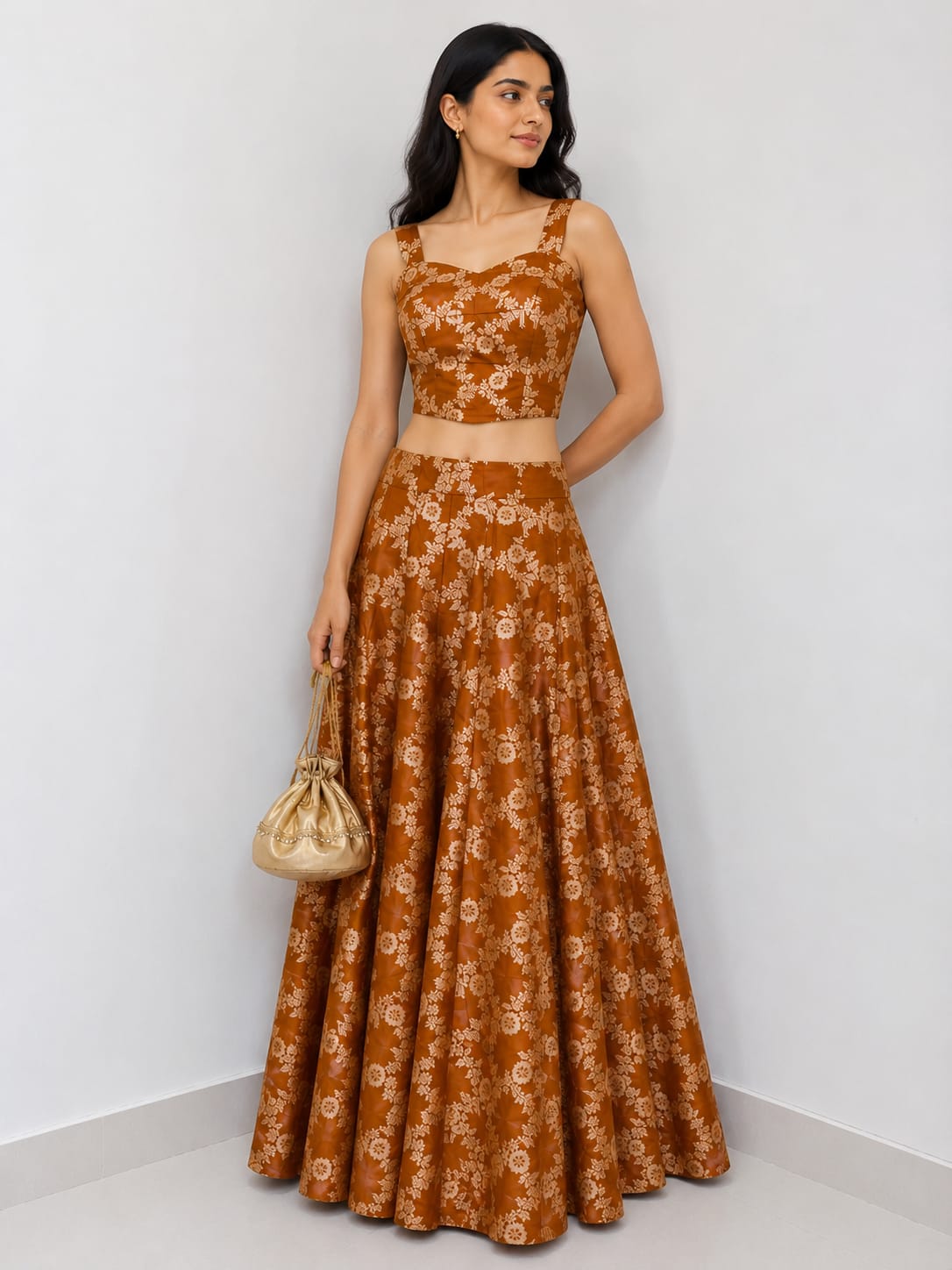 Rust Orange Banarasi Silk Lehenga Set