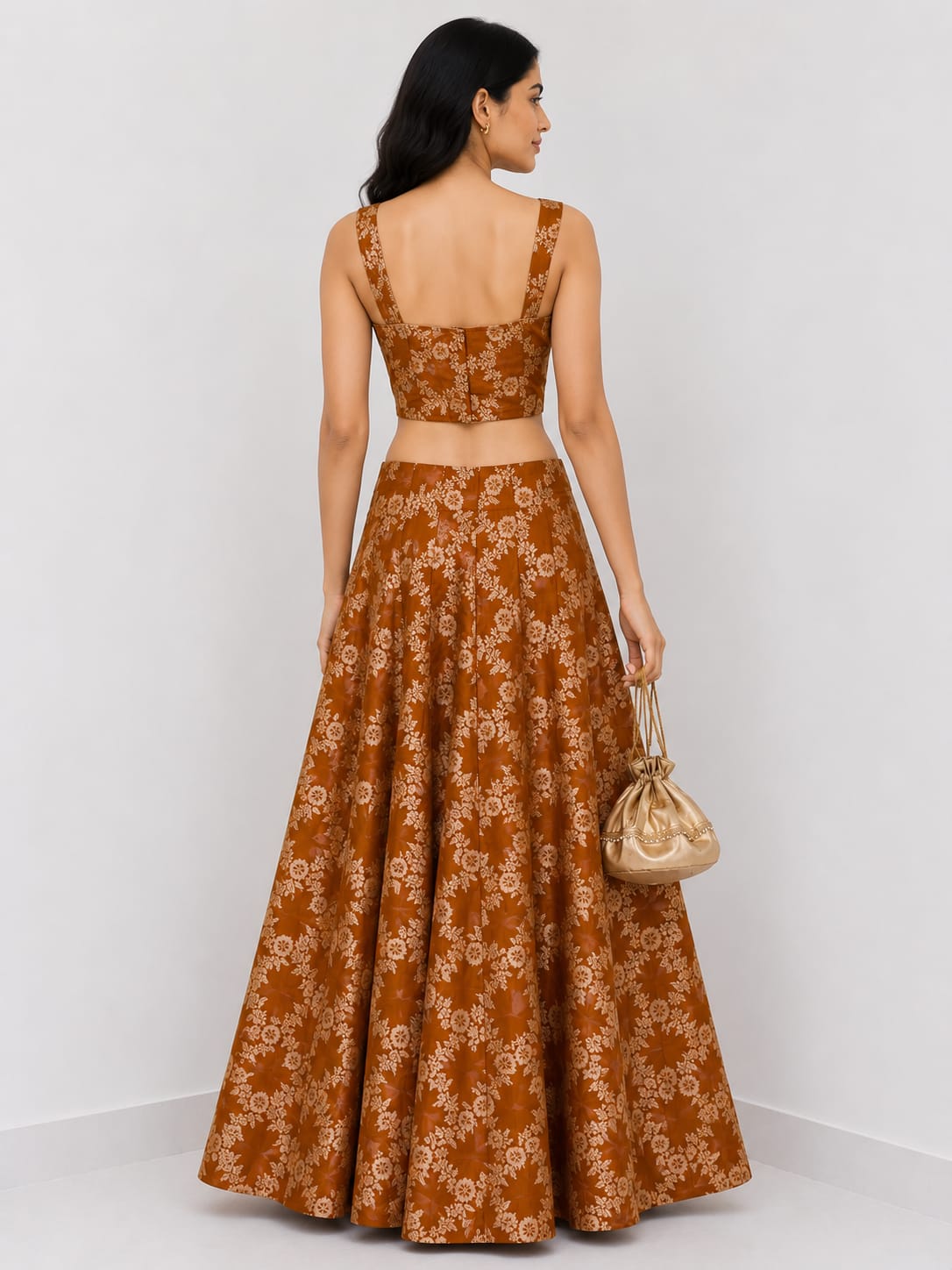Rust Orange Banarasi Silk Lehenga Set