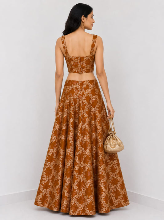 Rust Orange Banarasi Silk Lehenga Set