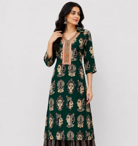 Figure Print Cotton Collar Neck Kurta