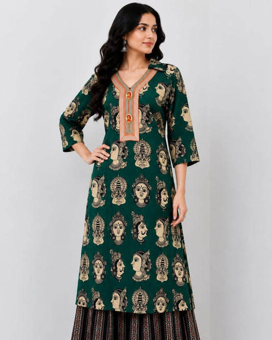 Figure Print Cotton Collar Neck Kurta