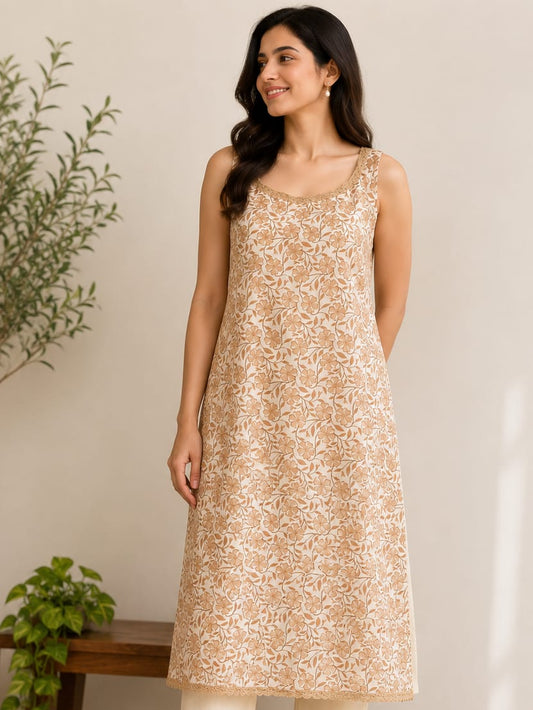 Beige Floral Print Cotton Kurta