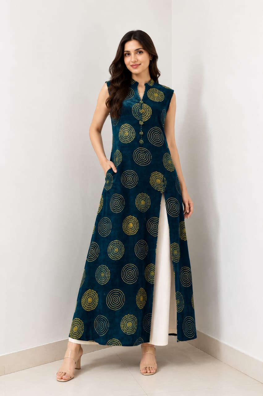 Gamthi Ajrakh Sleeveless Long Kurta