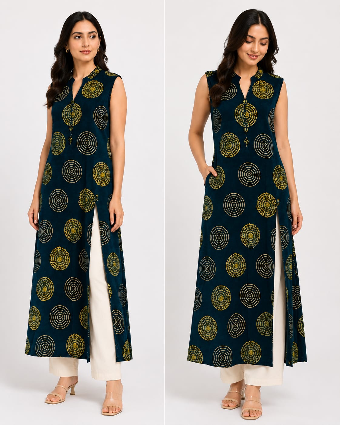 Gamthi Ajrakh Sleeveless Long Kurta