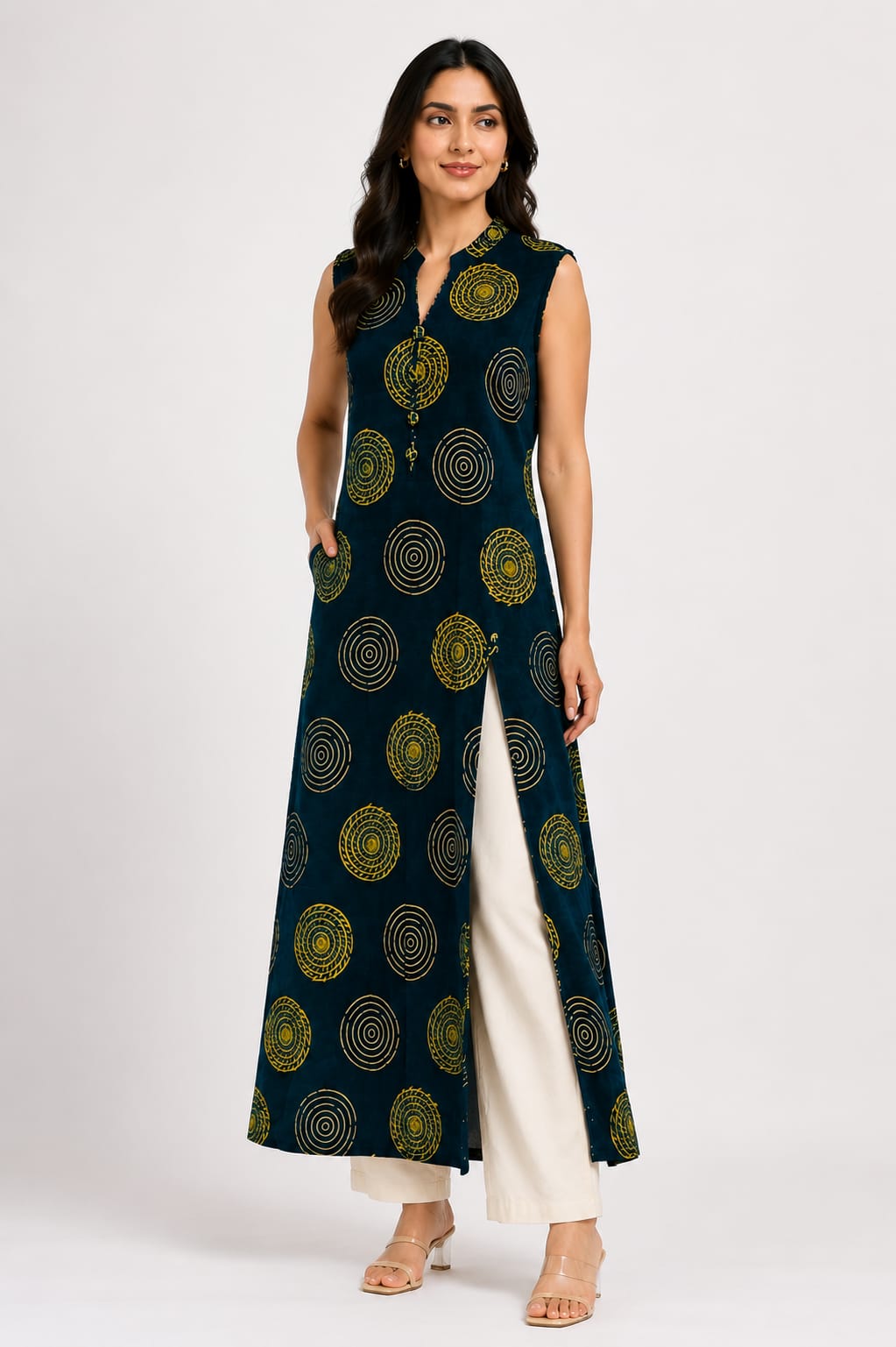 Gamthi Ajrakh Sleeveless Long Kurta