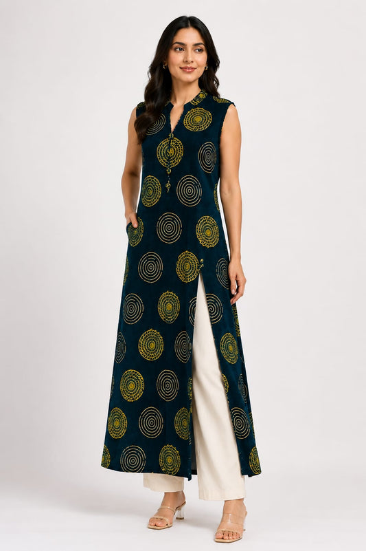 Gamthi Ajrakh Sleeveless Long Kurta