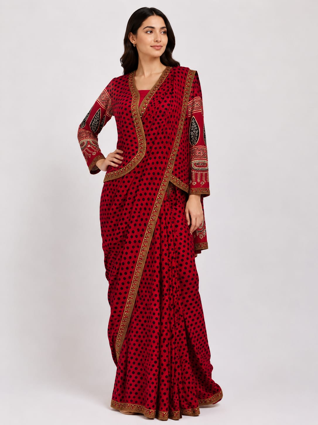 Modal Silk Handblock Polka Saree with Jacket
