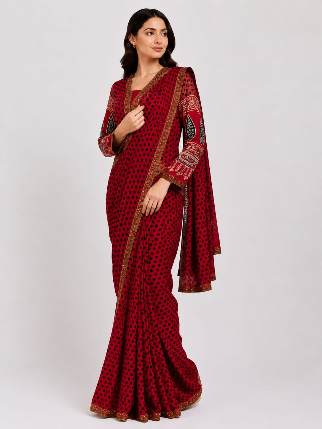 Modal Silk Handblock Polka Saree with Jacket