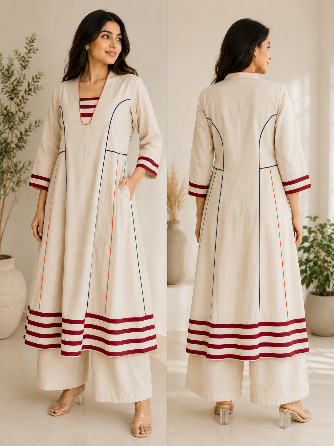 Ivory Linen Cotton Panel Kurta with Contrast Stripe Neck