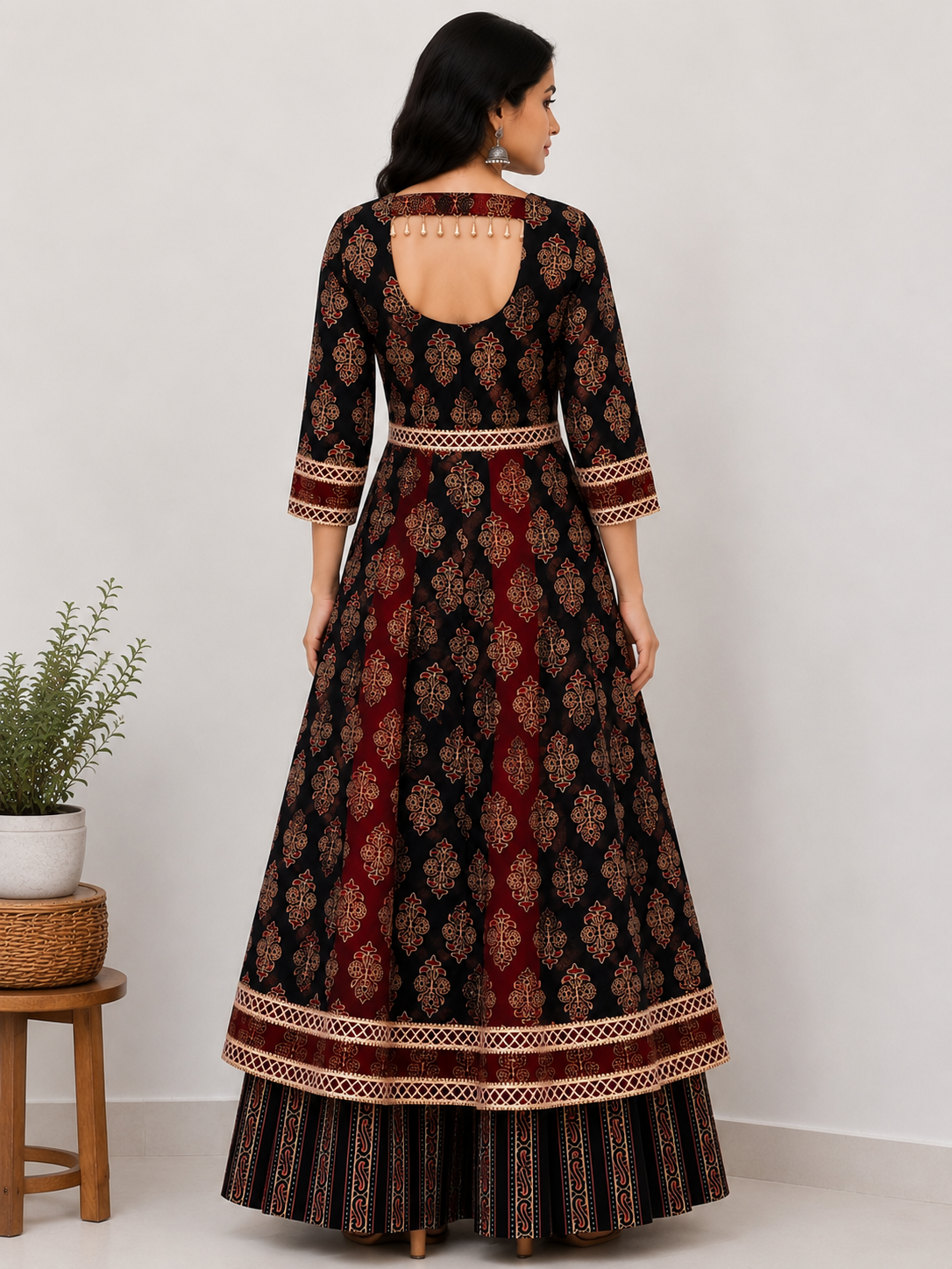 Black & Maroon Gamthi Ajrakh Anarkali