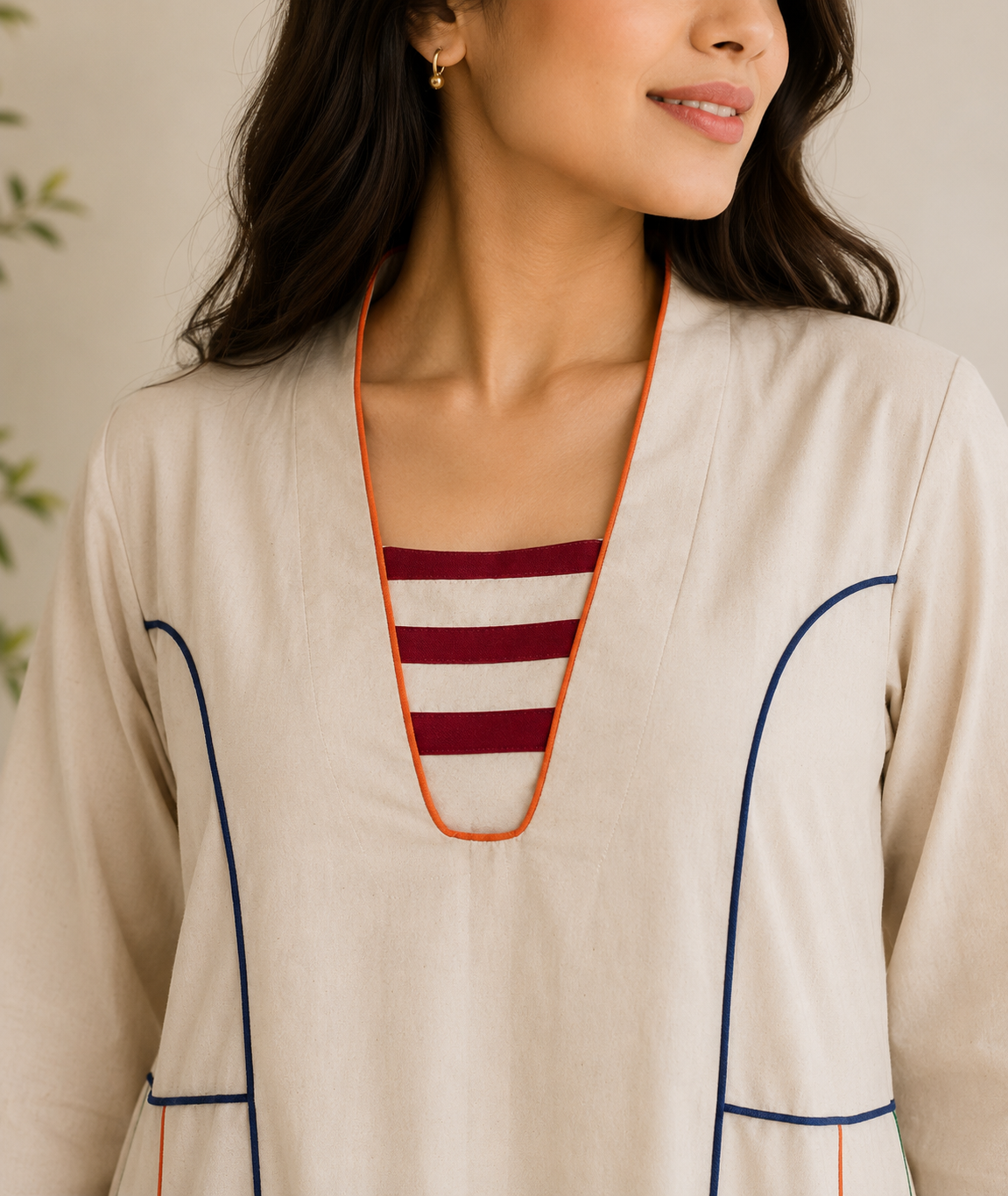 Ivory Linen Cotton Panel Kurta with Contrast Stripe Neck