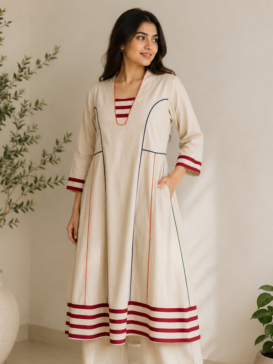 Ivory Linen Cotton Panel Kurta with Contrast Stripe Neck
